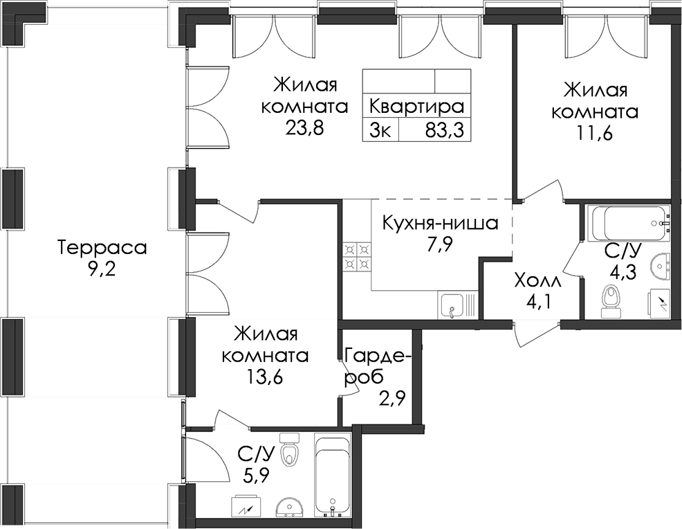 2-комнатная квартира 83.3 м², 7/7 эт., ЖК «Лермонтовский 54»